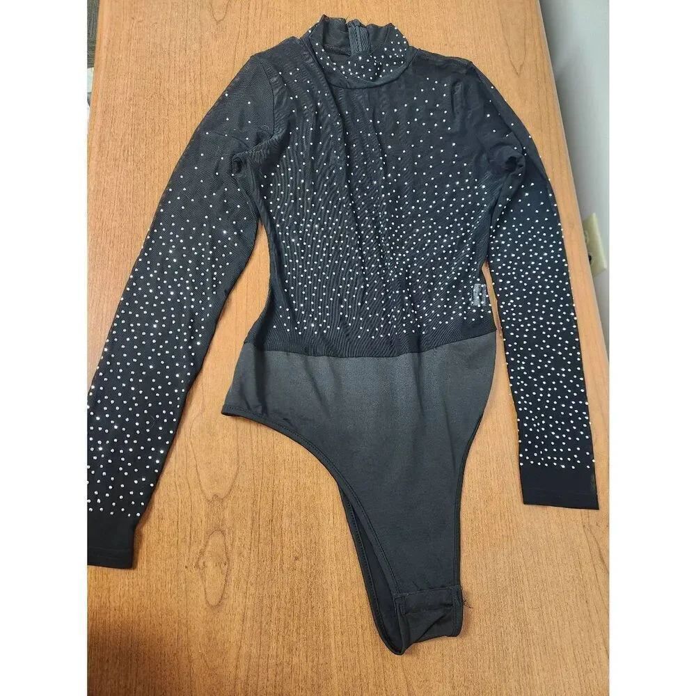 Unbranded Rhinestone Studded Mesh Stretch Bodysuit Top Black Size SMALL